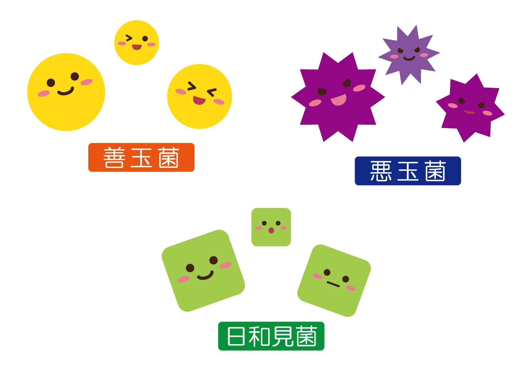 善玉菌、悪玉菌、日和見菌をイメージしたイラスト