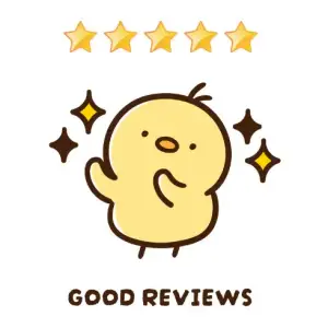 「GOOD REVIEWS」という文字と喜んでいるヒヨコのイラスト